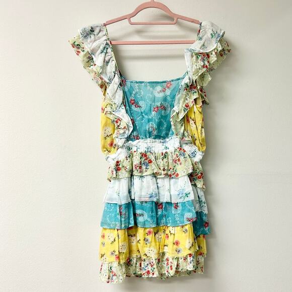 LoveShackFancy Phyllis Floral Tiered Ruffle Mini Dress Multicolor Women's Size L - Picture 6 of 6